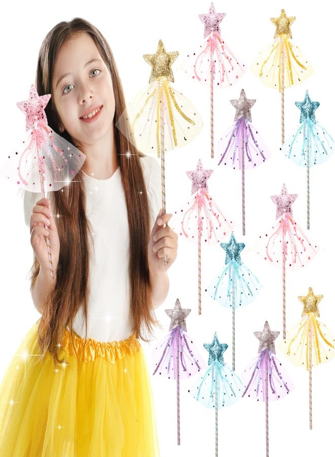 Mezchi 12 Pcs Glitter Princess Wand Kit, 12 Inch Angel Fairy Star Magic Dress-up Wands for Girl Kid Birthday Role Play Party Supply Favor, Costume Props, Pink, Blue, Purple, Yellow - Image 1